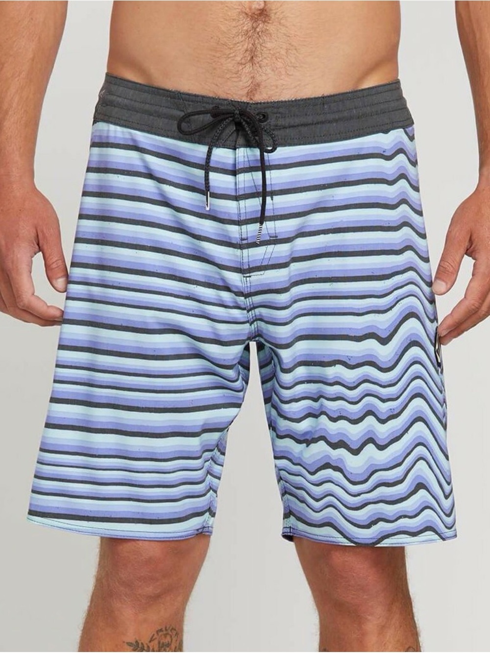 Volcom Blue and Black Horizontal Stripe Board Shorts